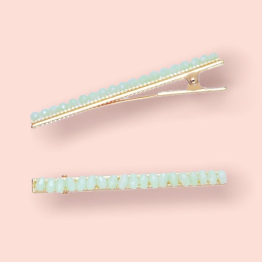 Beaded Hair Clip Duo - Jade color (green/mint)